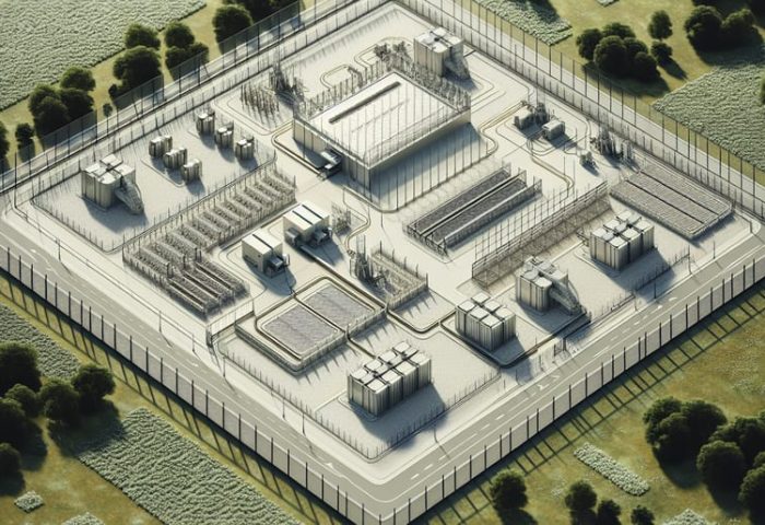 "Aerial view of a secure freeze-drying facility with robust perimeter fences, gates, and surveillance cameras."