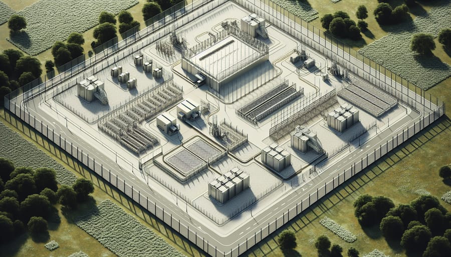 "Aerial view of a secure freeze-drying facility with robust perimeter fences, gates, and surveillance cameras."