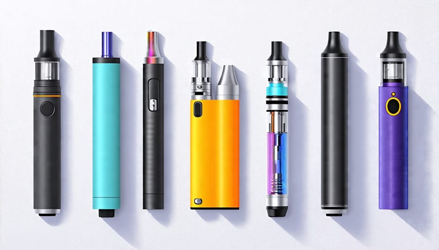 Close-up of various disposable vape pens displaying their designs and components