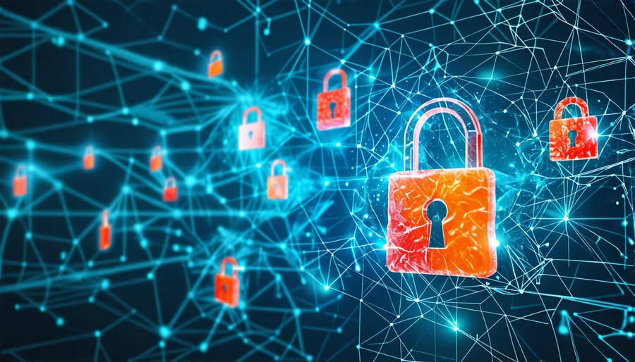 Conceptual image showing secure locks and surveillance systems overlaid on THC gummies, representing enhanced security in their production and distribution.