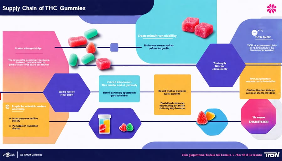 Illustration depicting the supply chain of THC gummies with security vulnerabilities