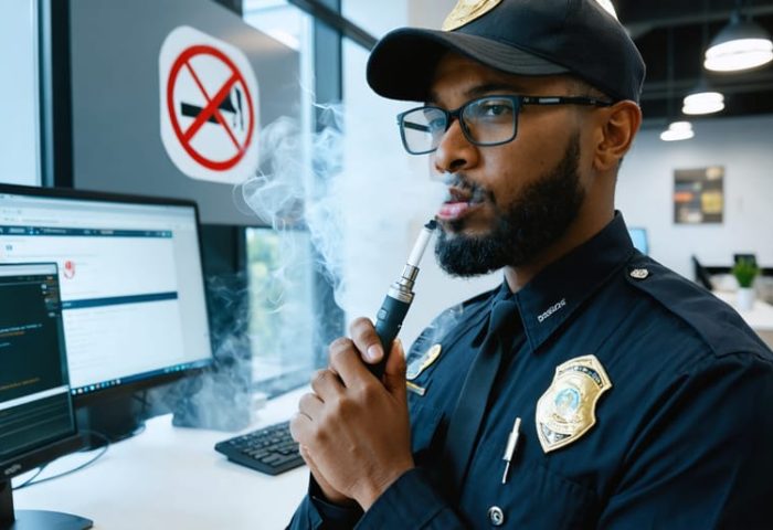 "A security officer holding an e-cigarette in a workplace setting, illustrating the balance between personal choice and professional responsibilities in implementing vaping policies."