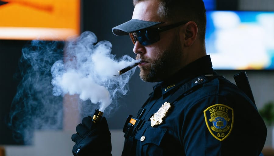 A security guard vaping outdoors during a work break